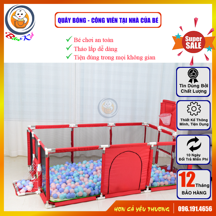 Quây bóng hình chữ nhật - nhà bóng cho bé vui chơi tại nhà có rổ ném bóng và 2 cầu ngôn con thoải