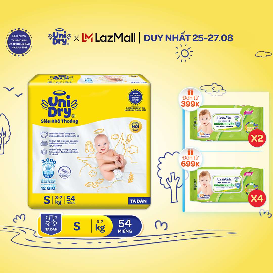 Tã dán UniDry Siêu khô thoáng gói Jumbo mới size S54