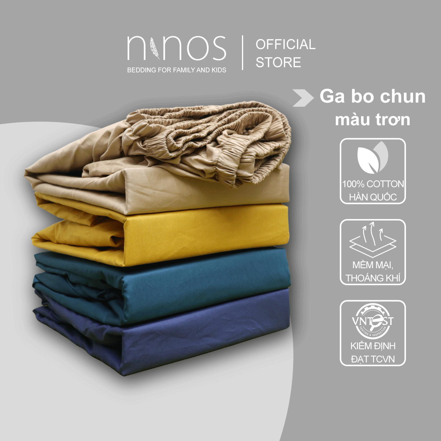 Ga giường bo chun cotton Ninos cao cấp trơn màu, drap trải nệm bo thun vải Hàn Quốc