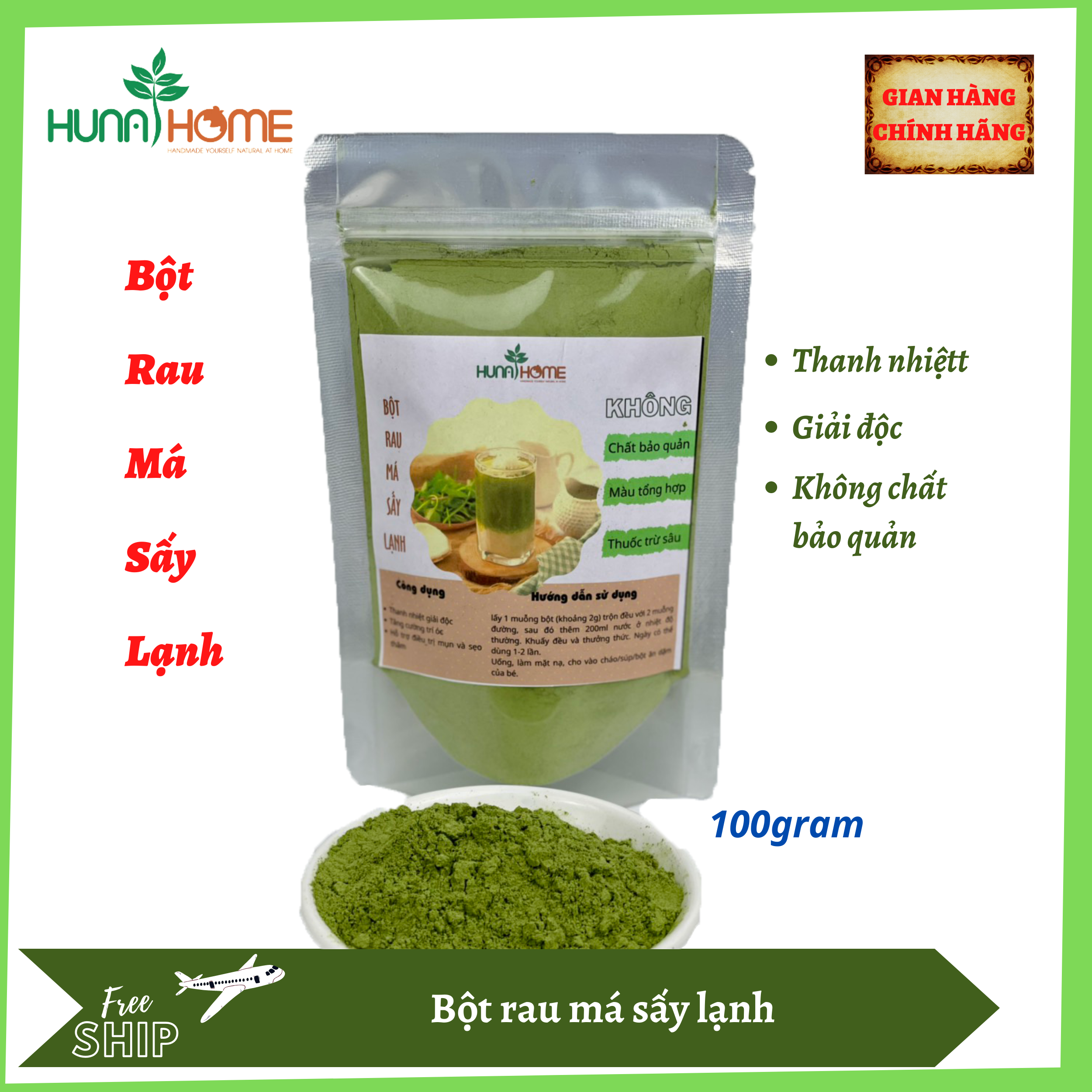Bột rau má nguyên chất sấy lạnh Huna's Home túi 100g - hộp 500g