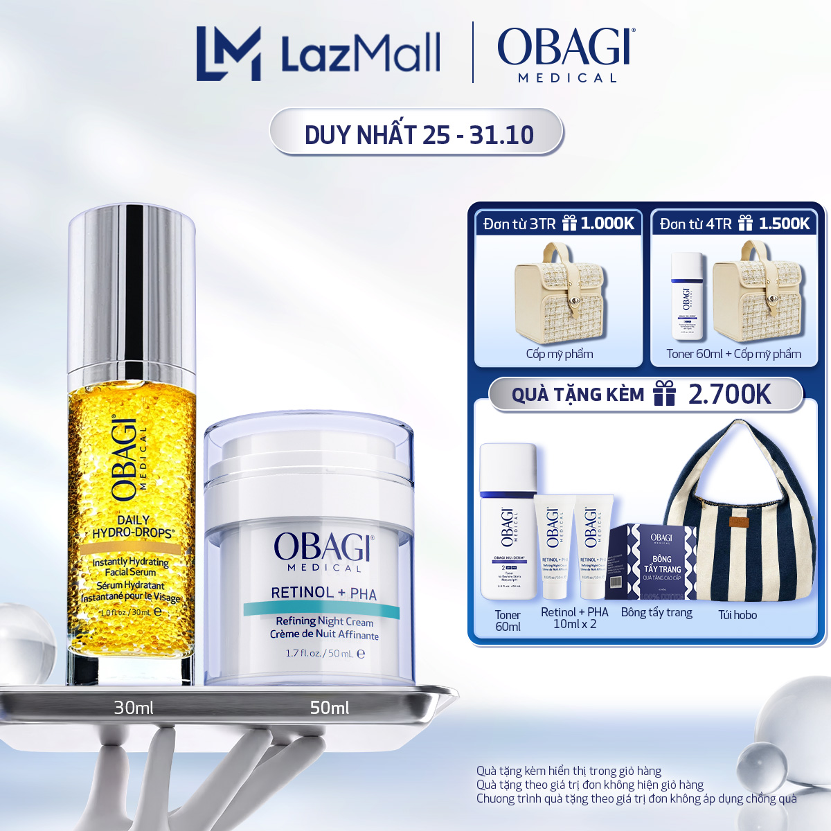 Bộ đôi Kem Dưỡng Đêm Obagi Medical Retinol + PHA 50ml và Serum Daily Hydro-Drops 30ml