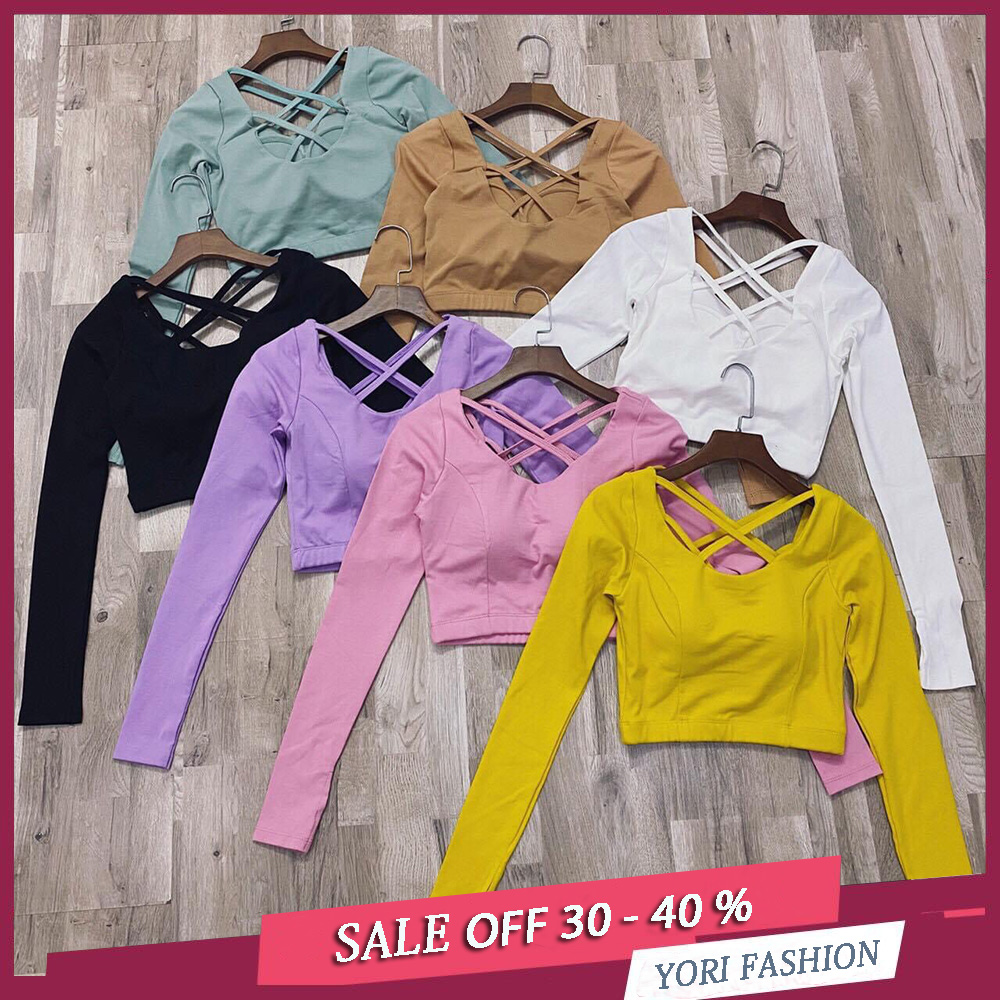 ( CÓ MÚT NGỰC ) Áo Thun Tay Dài Đan Dây Sau Lưng, Áo Cổ Vuông Croptop Hở Lưng, Áo Croptop Thun Borip Đan Dây TT35