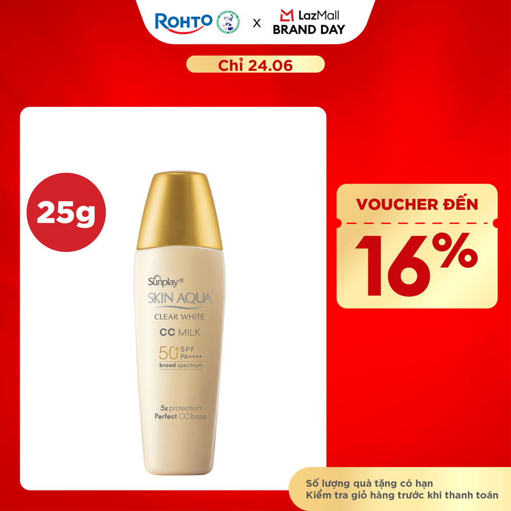 Kem chống nắng Skin Aqua trang điểm tạo nền trắng mịn  đều màu dạng sữa Sunplay Skin Clear White CC Milk SPF 50, PA++++ 25g