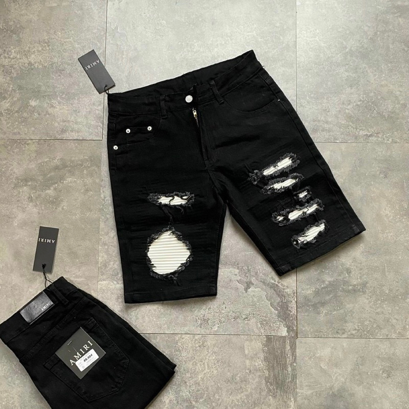 Quần short bò ngố nam Amiri rách xước vá da nhăn trắng dọc đùi vải denim co giãn đẹp