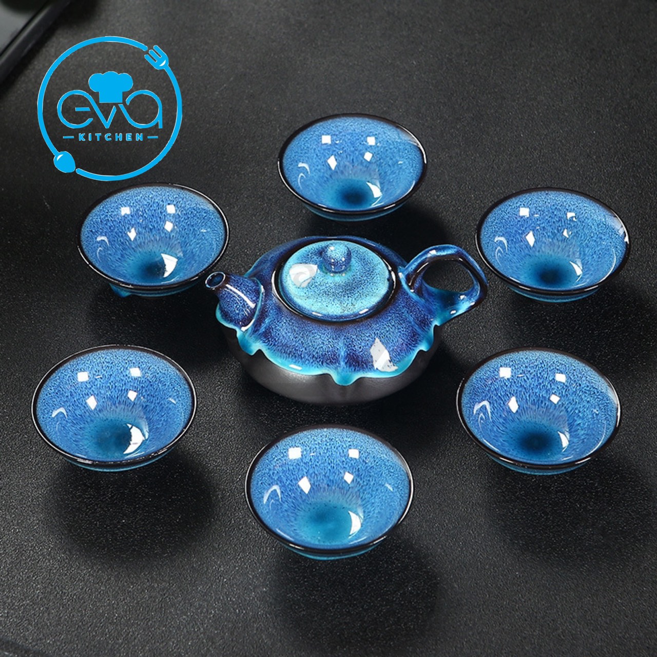 Bộ ấm 6 chén pha trà men xanh thiên mục cao cấp