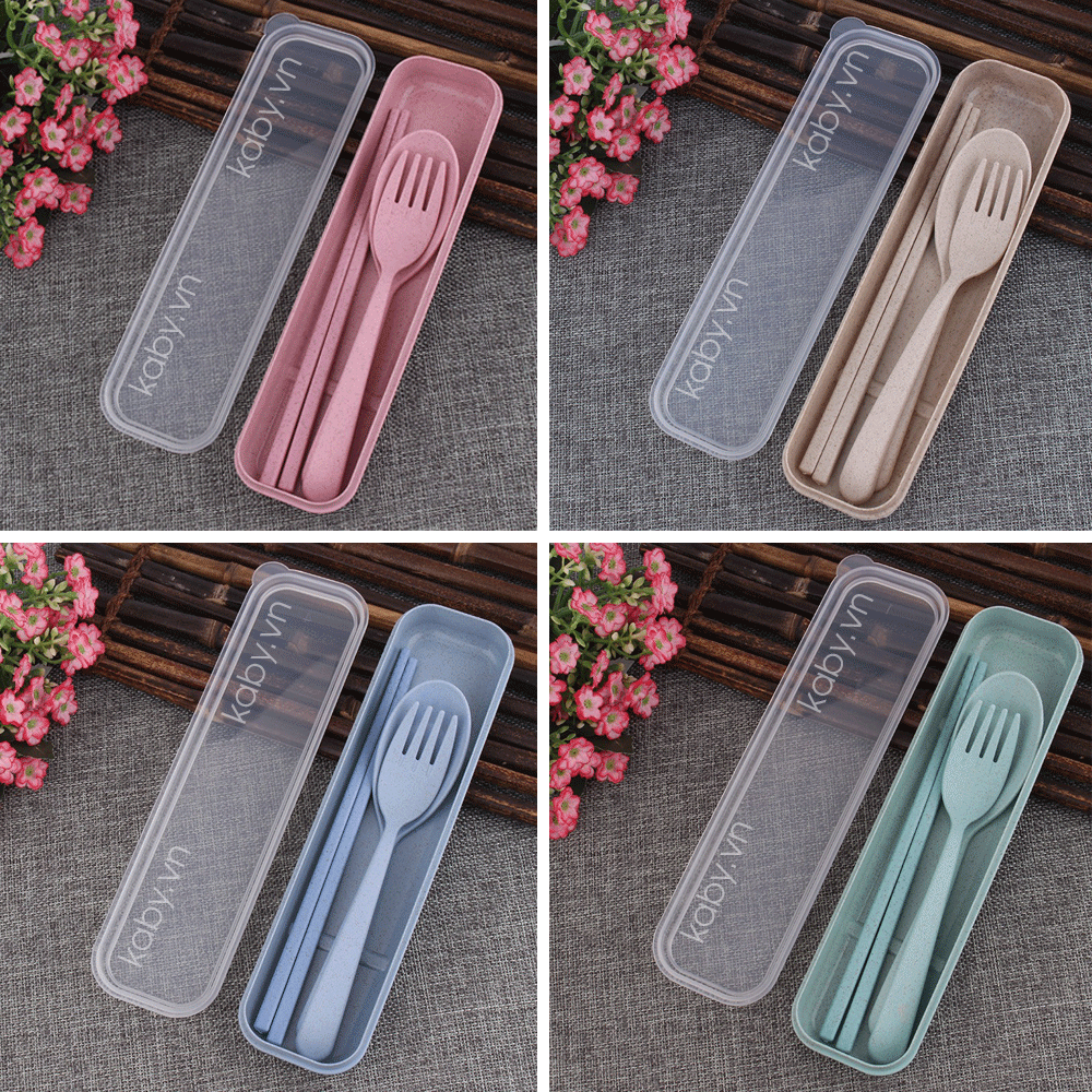 Set Muỗng Đũa Nĩa Lúa Mạch 3 Món Dễ Thương Tiện Lợi (Màu Hồng, Xanh Lá, Xanh Dương, Lúa Mạch)