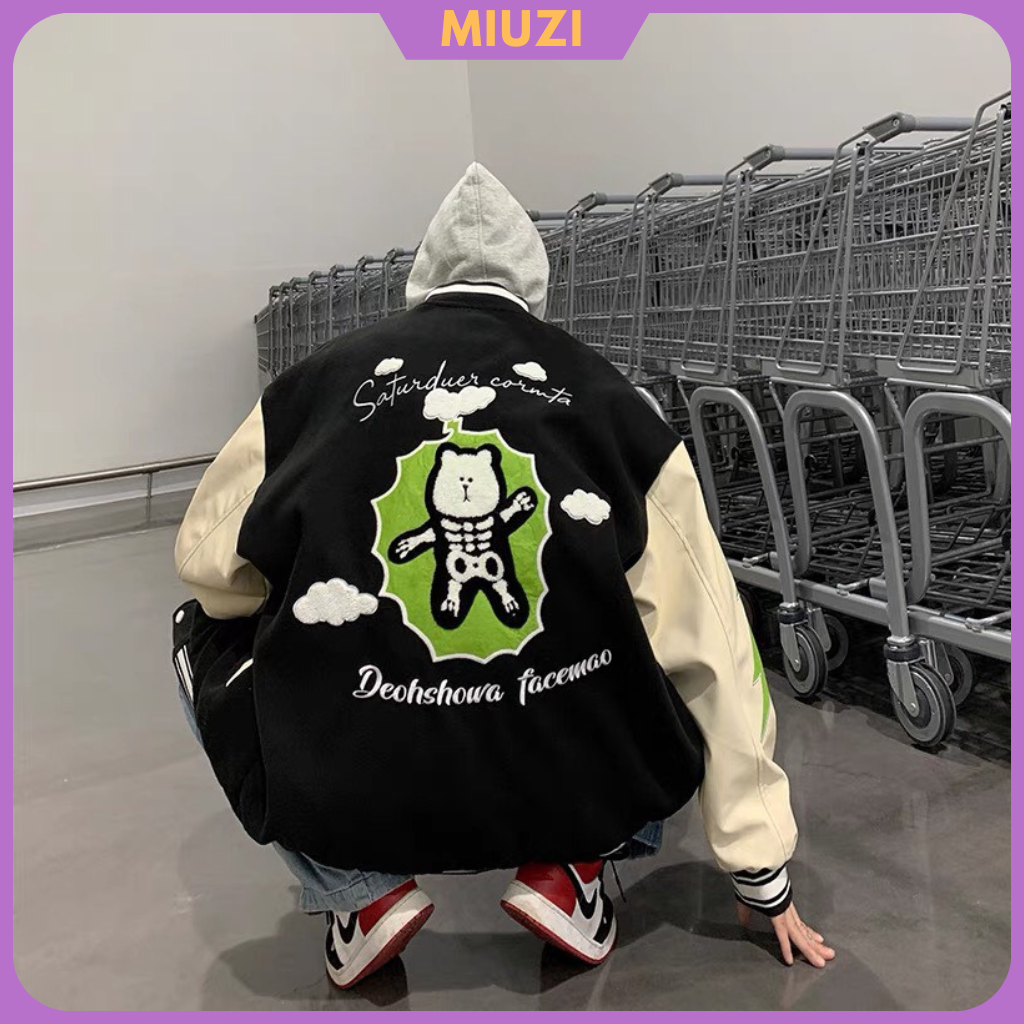 Áo bomber họa tiết thêu gấu cute,áo varcity vải dạ tay da Miuzi DT143