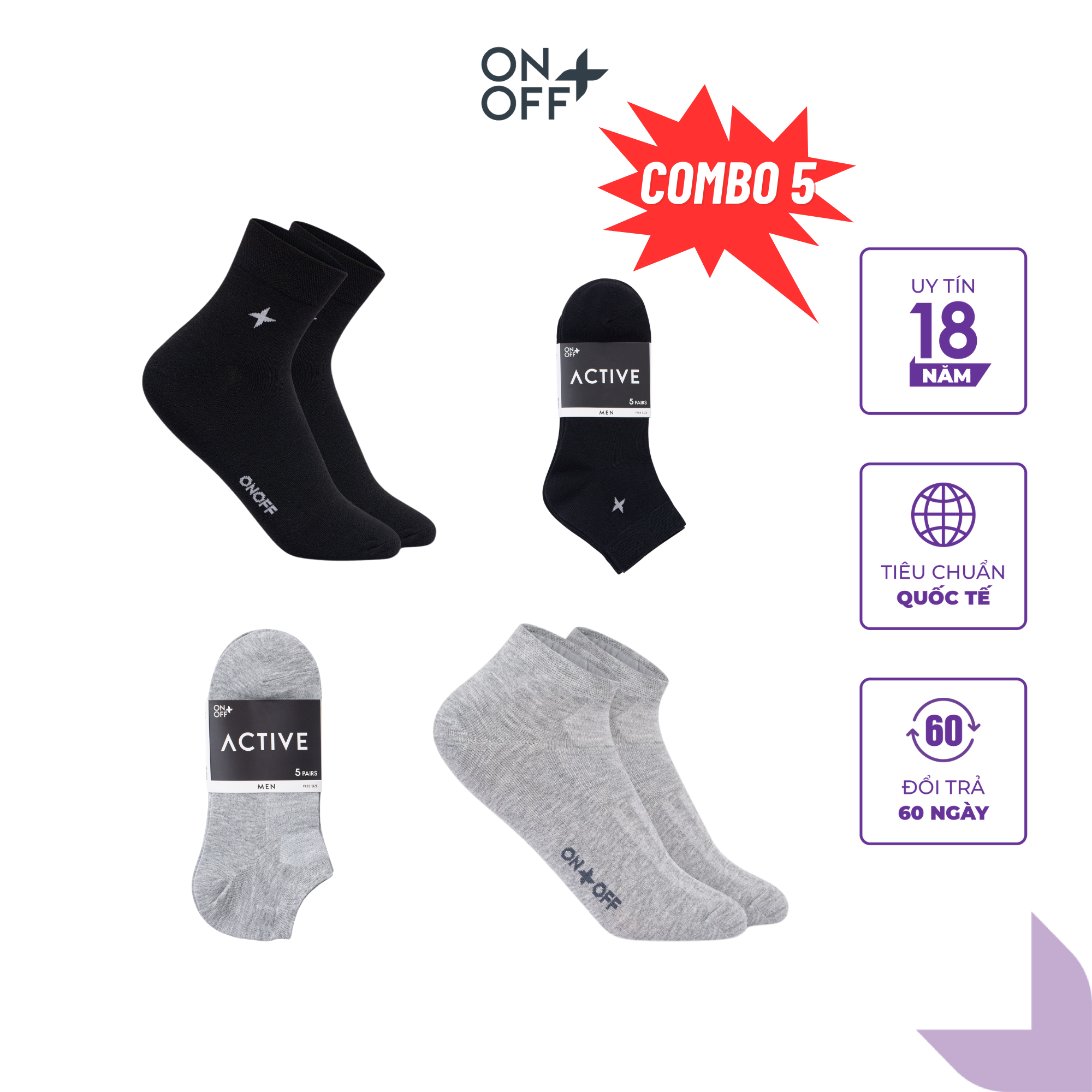 Combo 5  đôi tất vớ nam cotton mỏng mùa hè ôm chân thỏa mái hạn chế mùi hôi chân ONOFF