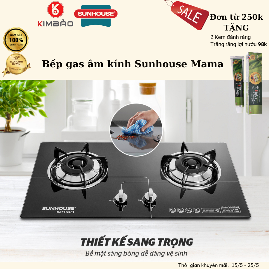 Bếp gas âm kính Sunhouse Mama MMB6632 dễ dàng vệ sinh