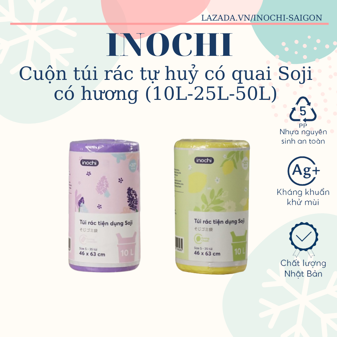  Cuộn túi rác tự huỷ có quai tiện dụng Inochi Soji  dung tích 10L-25L-50L  - hương lavender hương chanh 