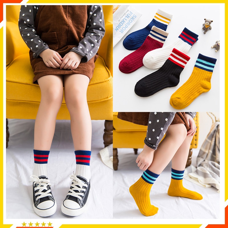 Set 5 đôi tất vớ trẻ em - tất cao cổ cho bé trai bé gái - cổ kẻ phong cách hàn quốc