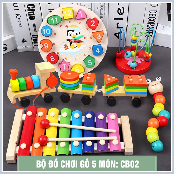 Combo 6 món đồ chơi gỗ an toàn cho bé- phát triển trí tuệ