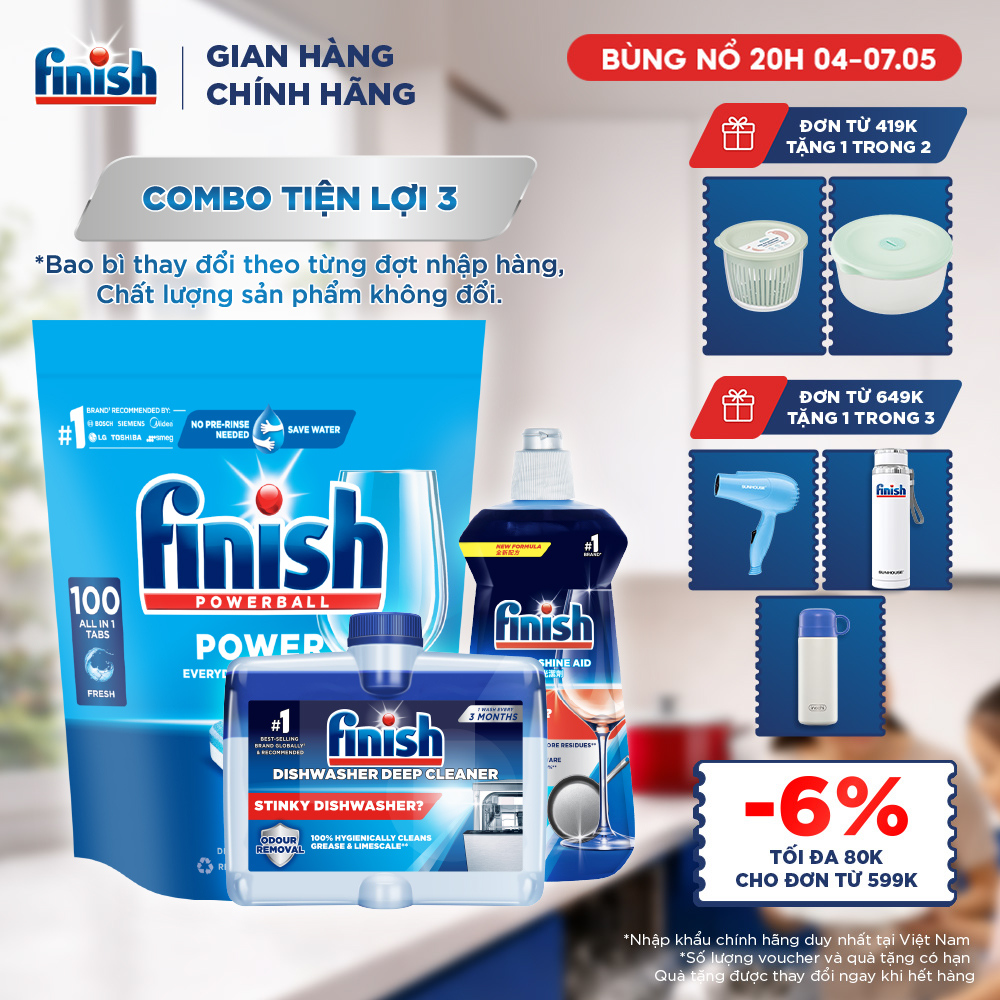 Combo Finish tiện lợi 3:Túi 100 Viên Rửa Bát Finish Everyday Clean  Shine + Nước Làm Bóng Finish 500ml+ Dung Dịch Vệ Sinh Máy Finish 250ml