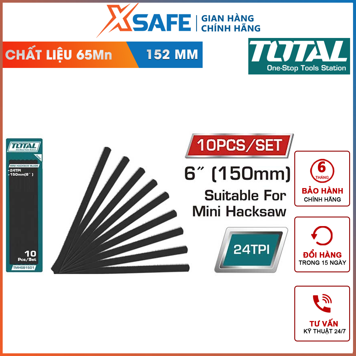 Bộ 10 lưỡi cưa sắt total tmhsb1501 | lưỡi khung cưa sắt kích thước 152mm, có 24 răng cưa, 10 cái / bộ chất liệu 65mn thích hợp sử dụng cho model thmhf1501 và thmhf1503