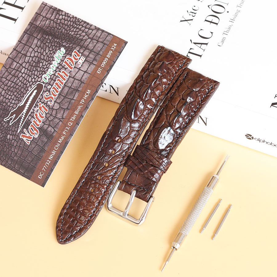 Dây đồng hồ da cá sấu lườn tay - Dây da đồng hồ cá sấu thật 100% - TẶNG KÈM tool tháo lắp, chốt và khóa inox