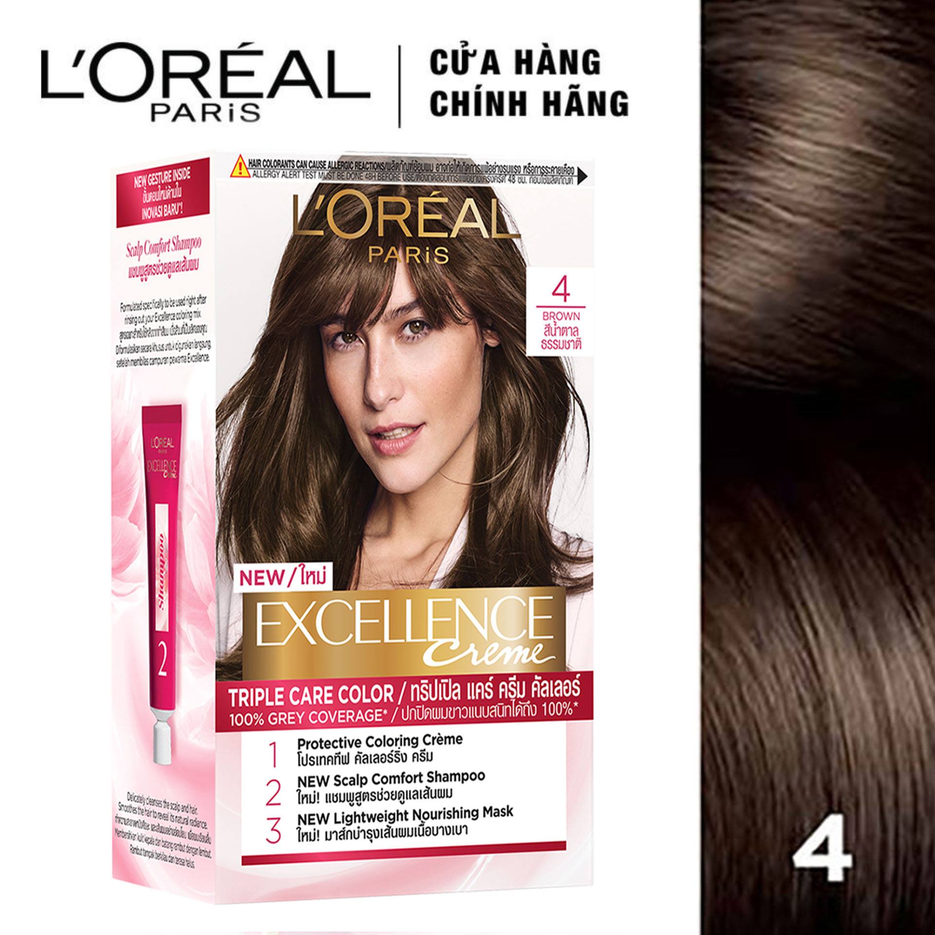 Kem Nhuộm Dưỡng Tóc Phủ Bạc Loreal Excellence Cream 172ml - Màu 4 Nâu Tự Nhiên