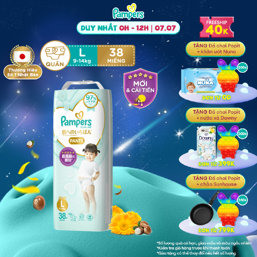[7.7-9.7 MUA LÀ CÓ QUÀ] Tã/ Bỉm Quần PAMPERS Nhật Thượng Hạng Size L (38 miếng 9-14kg) Siêu Mềm Mịn & Thoáng Khí
