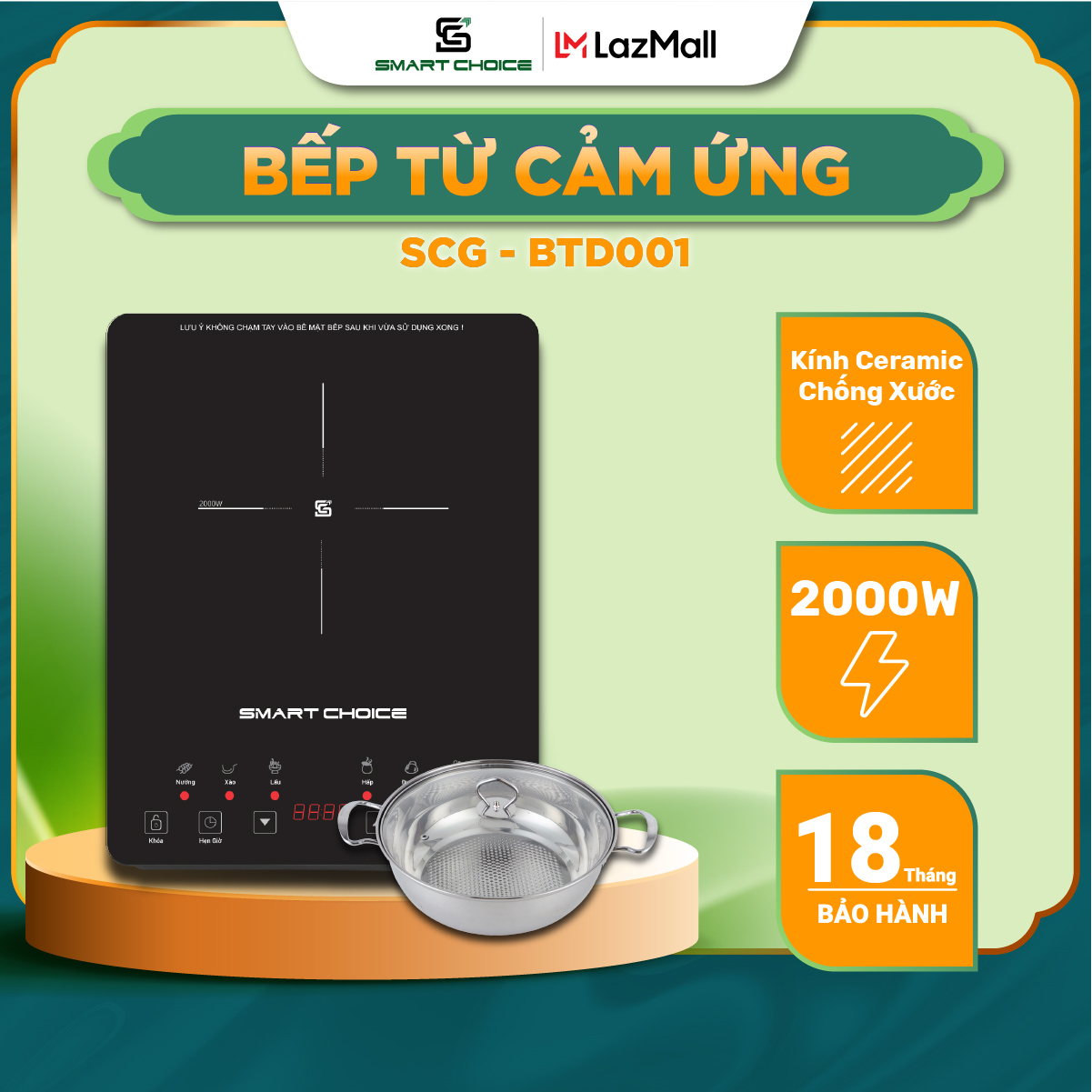 Bếp từ smartchoice scg-btd001 mặt kính ceramic chịu lực tốt, bếp điện từ đơn 9 chế độ cài sẵn, tặng kèm nồi bh 18 tháng