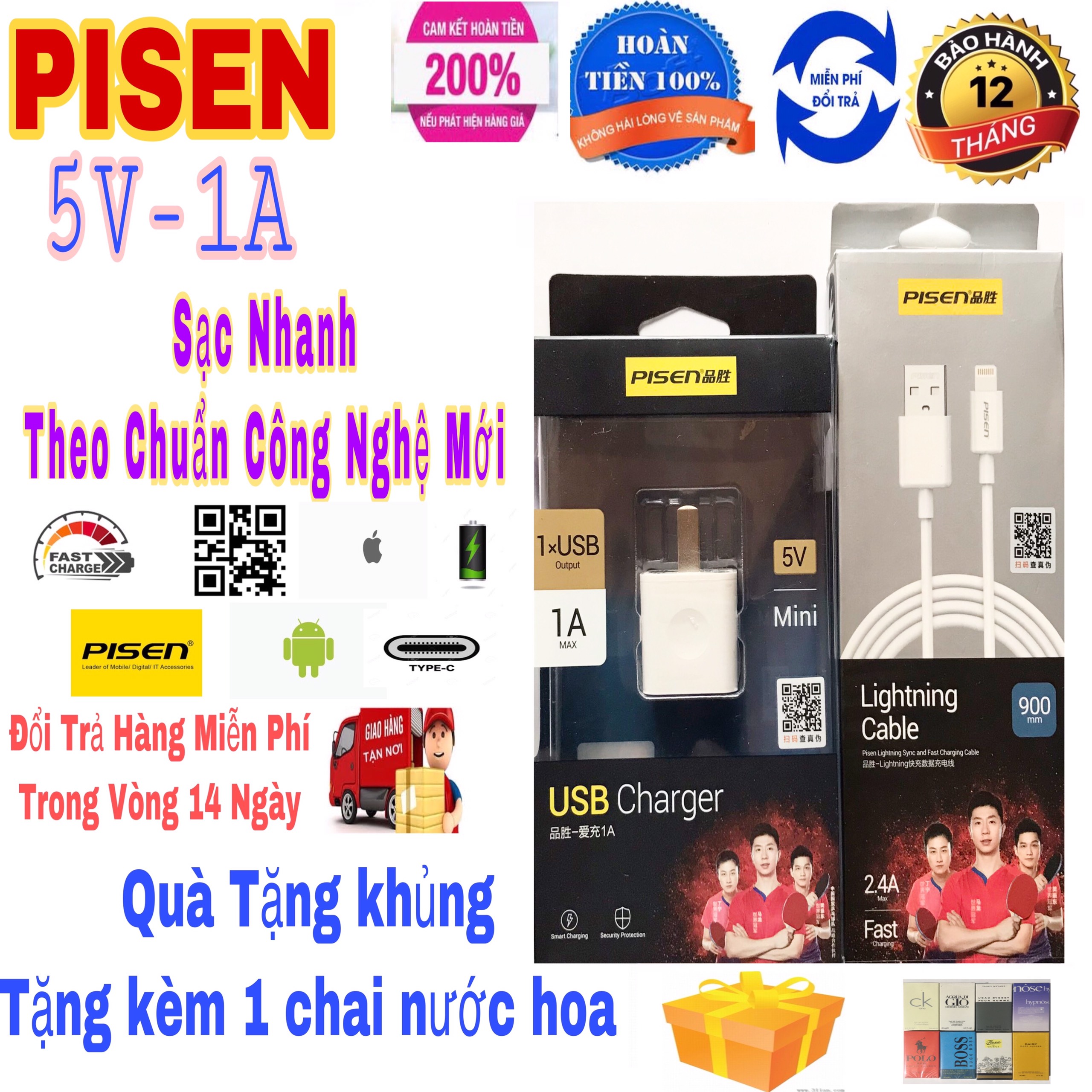 [HCM]Combo cốc sạc và cáp sạc iPhone Pisen chính hãng 1A dùng cho iPhone 5s 6 6p 6s 6sp 7 7p 8 8p X Xs Xsm     Bảo Hành 1 đổi 1 trong vòng 12 tháng các lỗi về kỹ thuật.