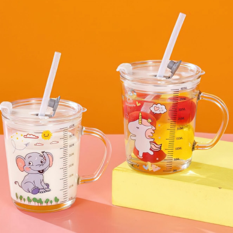  Cốc chia vạch 400ml pha sữa thủy tinh có nắp chống đổ an toàn kèm ống hút dùng cho bé tập uống-HAUSE 