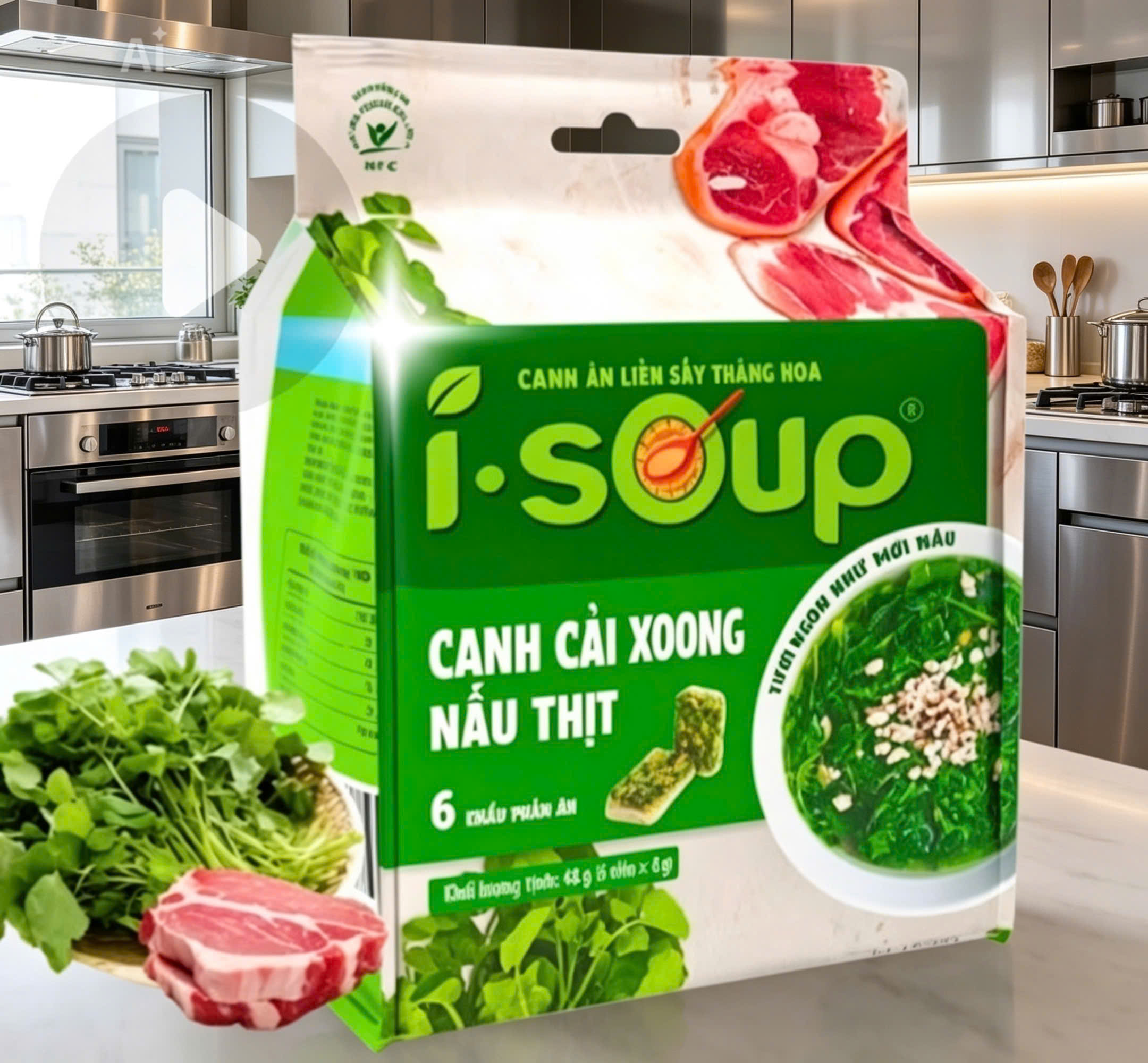 Viên Canh sấy thăng hoa Canh cải Xoong thịt bằm ăn liền 3 phút , khách chọn phân loại