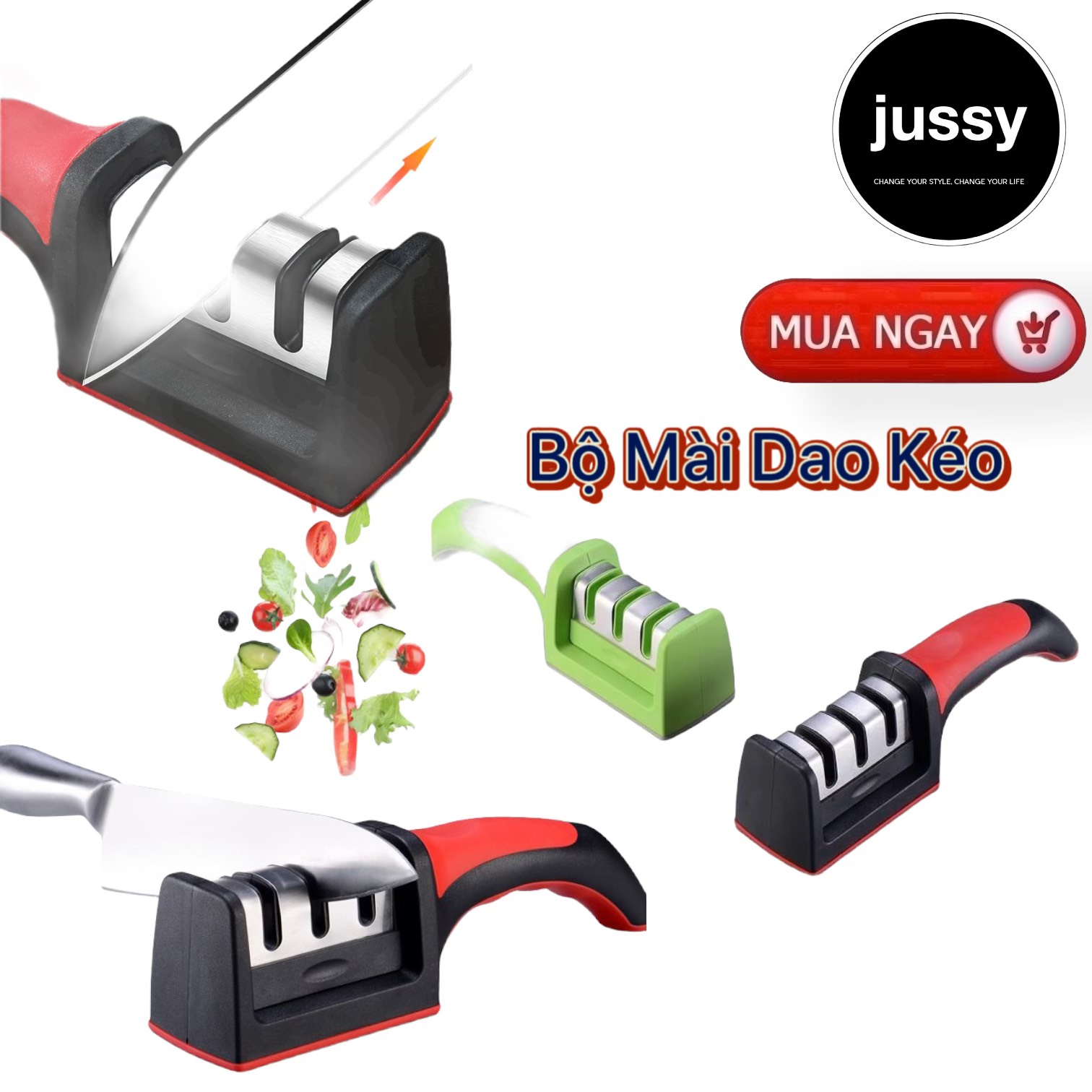 Bộ Mài Dao Kéo Jussy 3 Ngăn Mài Dao Siêu Bén Kèm Tay Cầm Tiện Lợi Chất Liệu Nhựa ABS Cứng Cáp