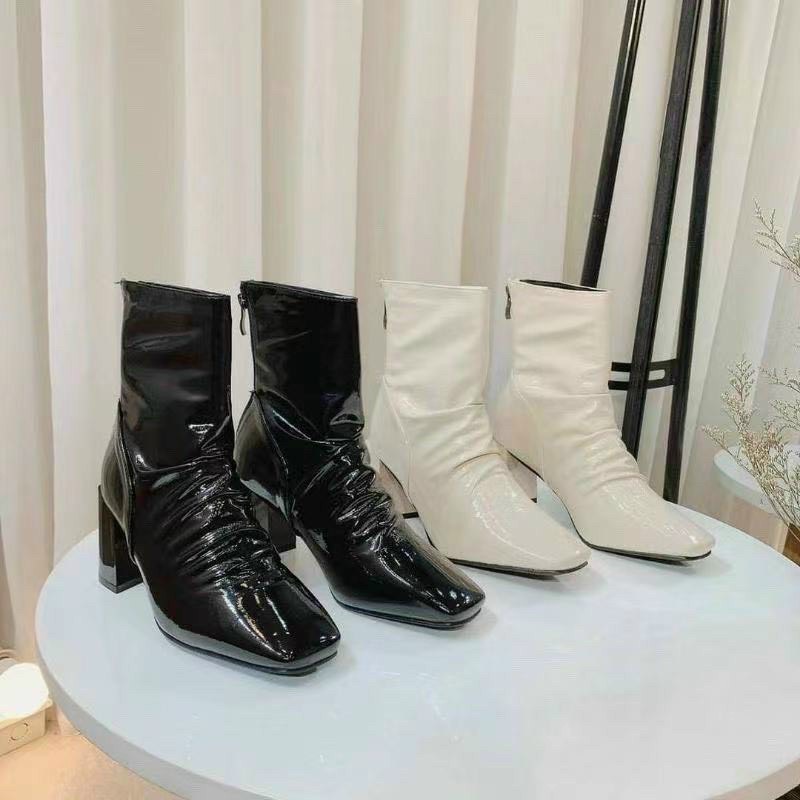 Boots nhăn đế trụ da bóng thời trang nữ