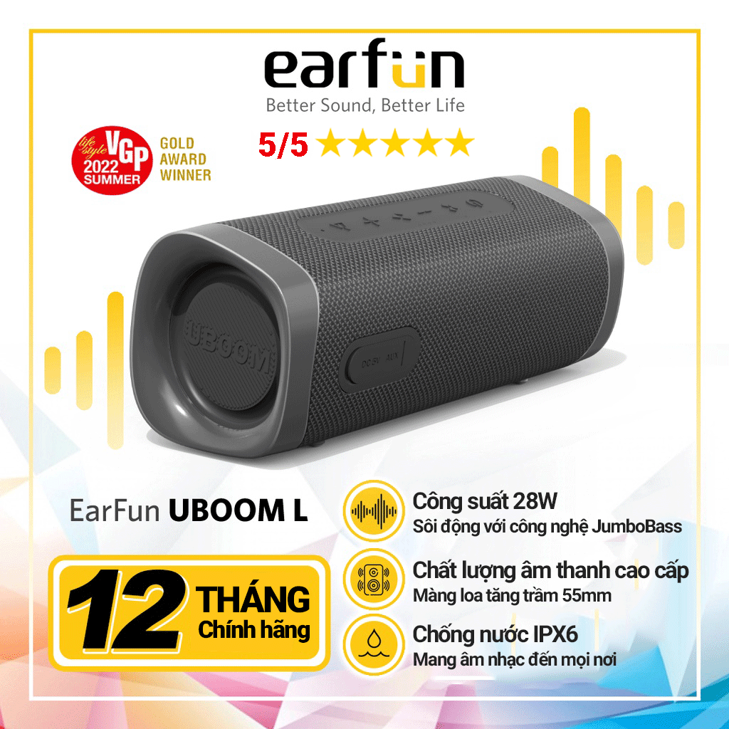 Loa bluetooth EarFun UBOOM L Bluetooth 5.0, Chống nước IP67, Pin 16 giờ, Kết hợp 2 loa Stereo