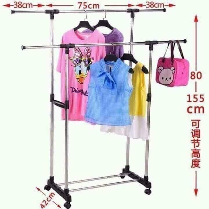 Dàn phơi quần áo inox 2 tầng thông minh có bánh xe di chuyển