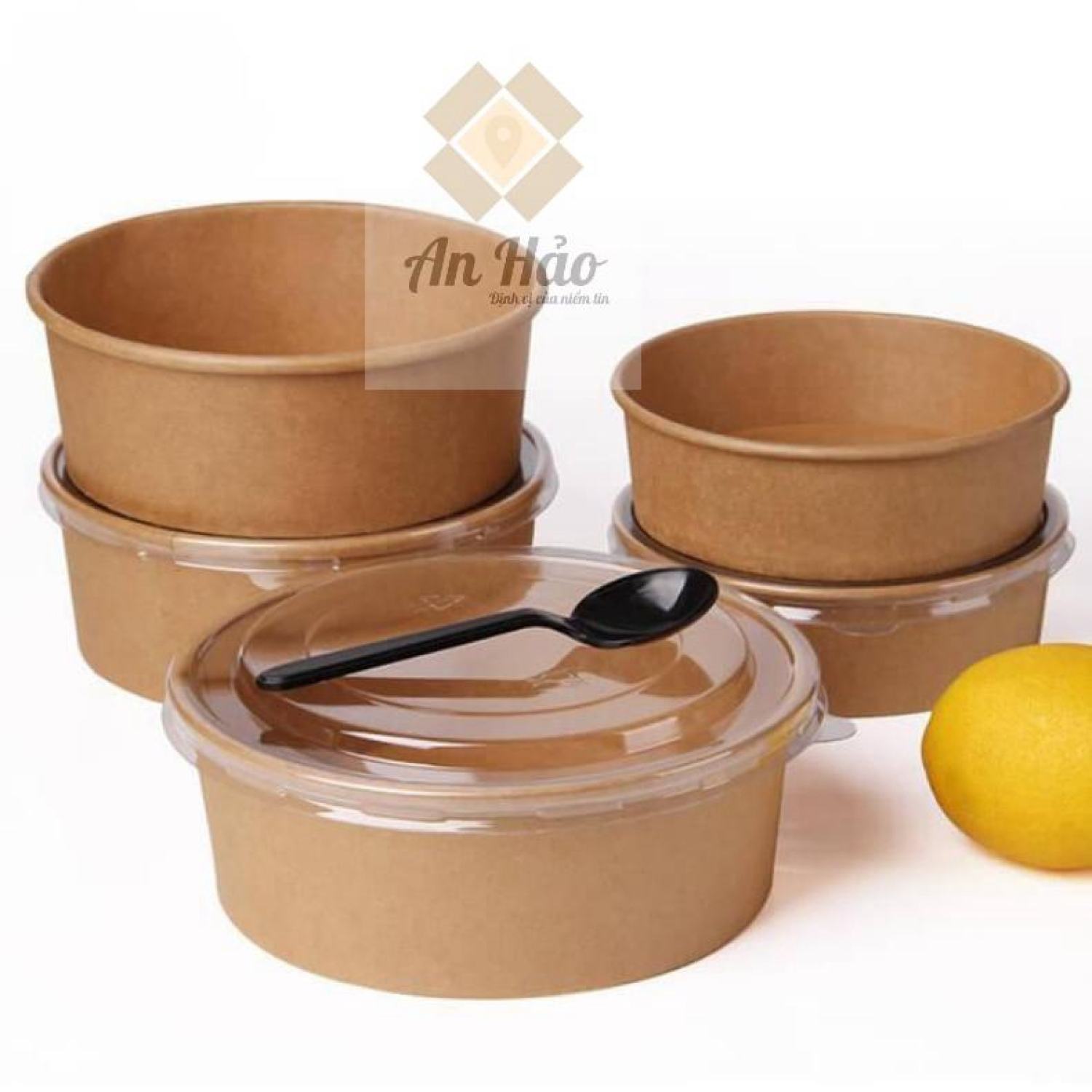 Set 100 Bát giấy kraft nâu 750ml, 1000ml, nắp nhựa an toàn chống thấm nước, đựng bún phở, bánh ngọt, thực phẩm,Sỉ Lh