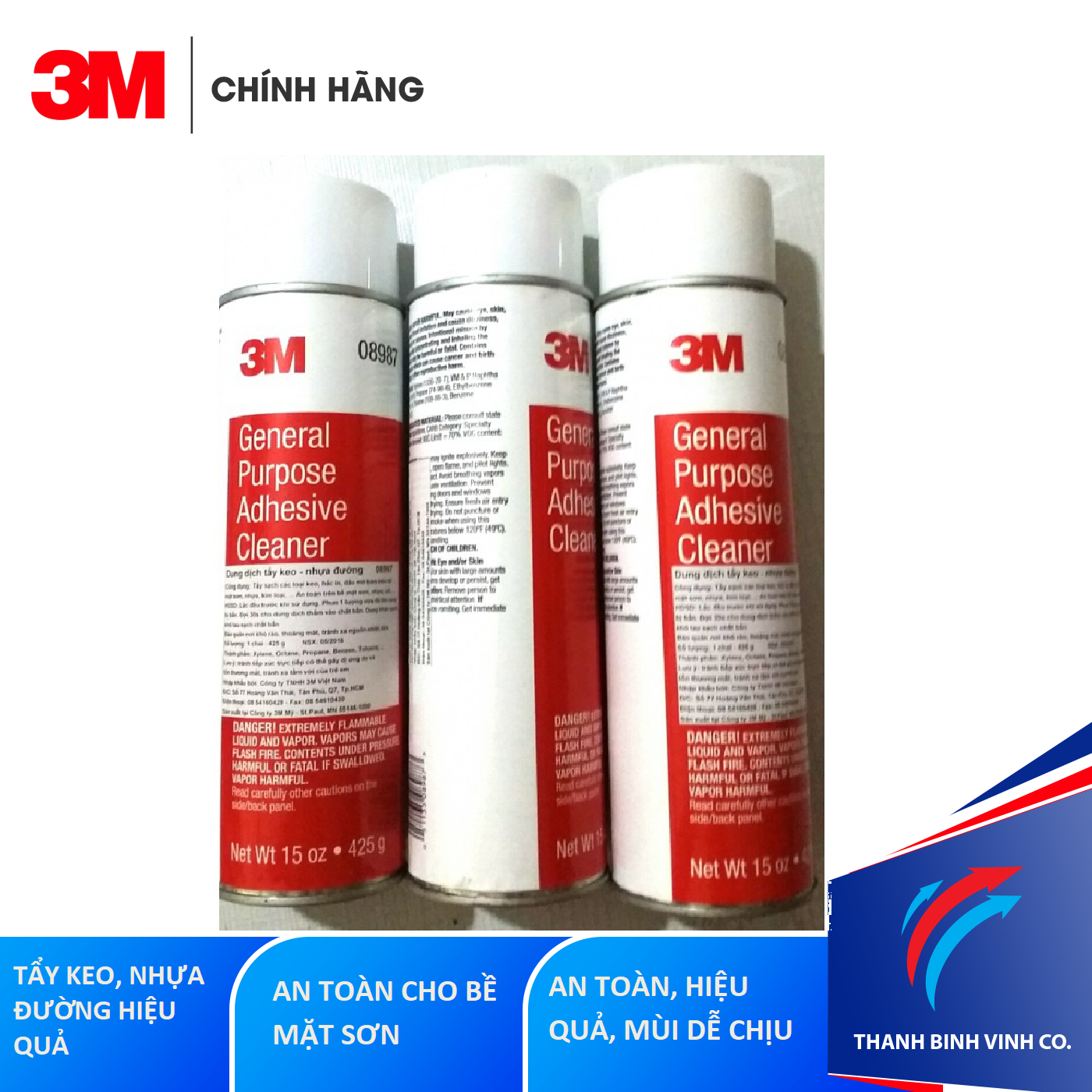 Bộ 3 Chai tẩy keo, tẩy nhựa đường 3M 08987 (425ml) tẩy nhanh và sạch hầu hết các loại keo; nhựa đường; dầu mỡ, tẩy rửa trên sơn; nhựa; vải