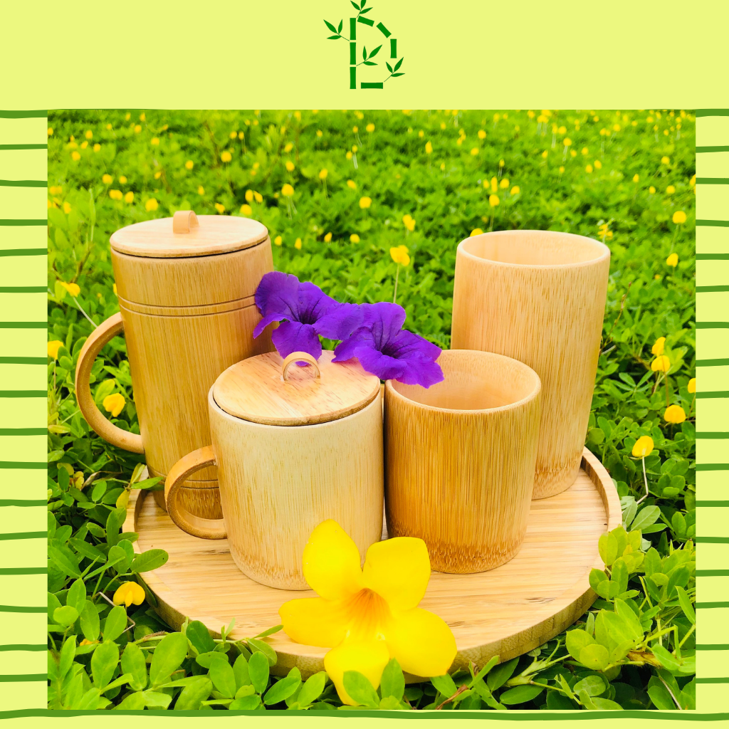 Cốc tre, cốc gỗ tre uống nước, ly uống nước DalatBamboo có quai nắp đế