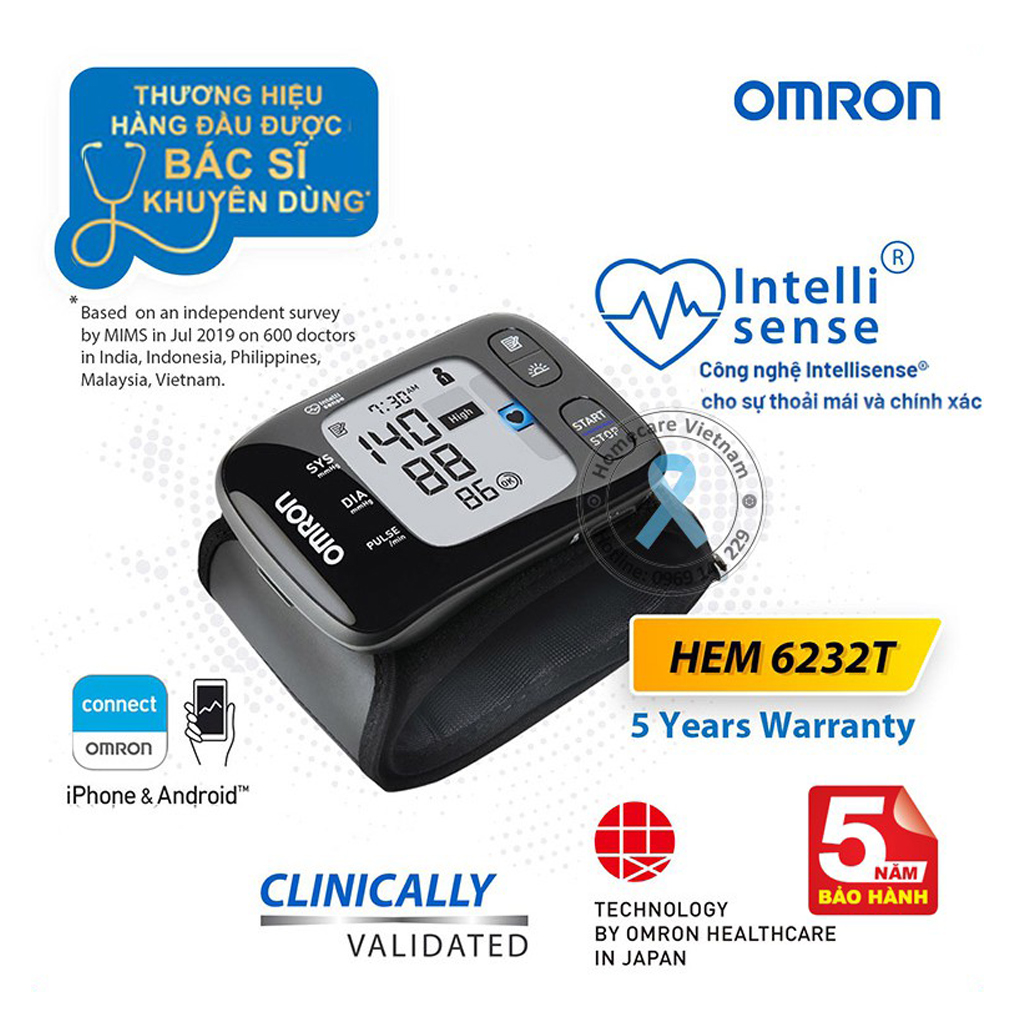 [Kết Nối Bluetooth] Máy đo huyết áp cổ tay Omron HEM - 6232T | Thương Hiệu Nhật Bản - Bảo Hành 5 Năm