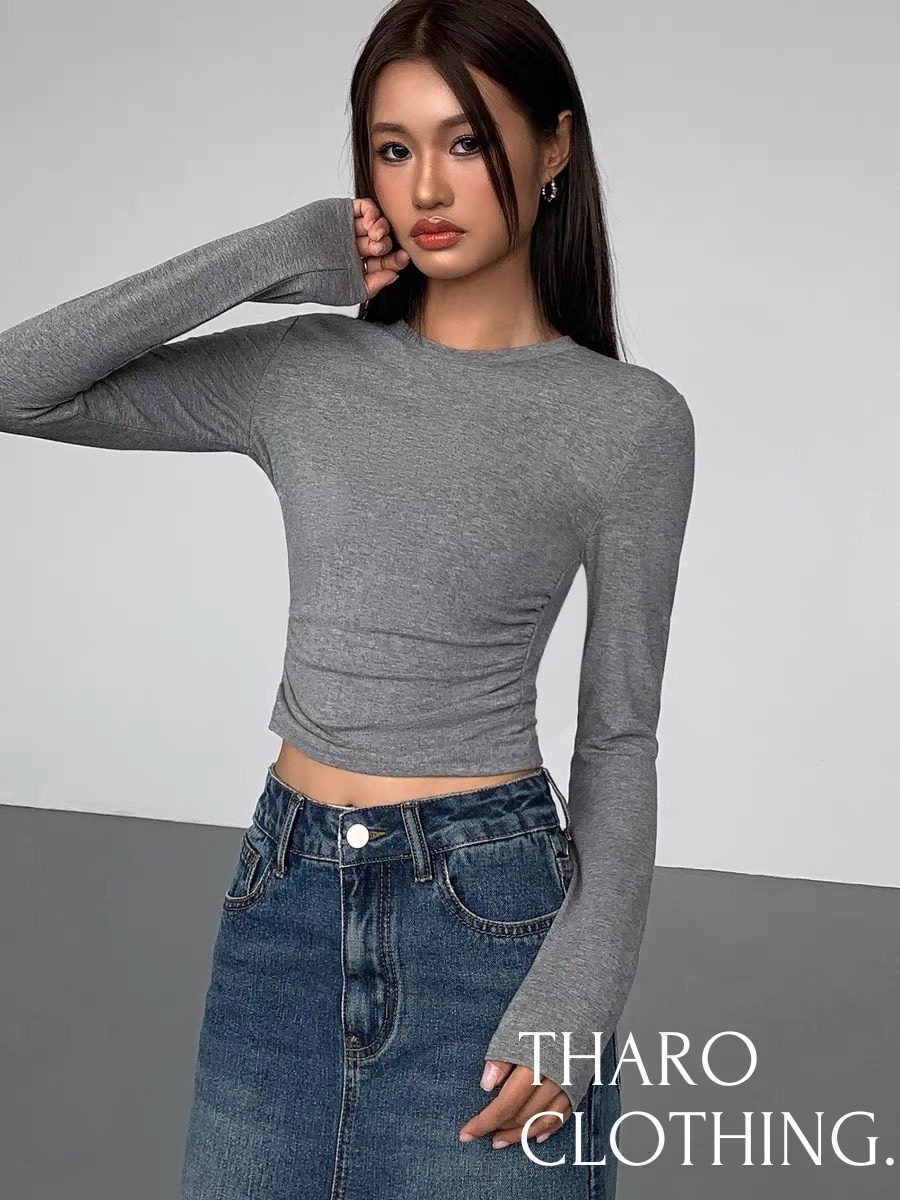 Áo thun nữ tay dài nhún sườn - tharo clothing