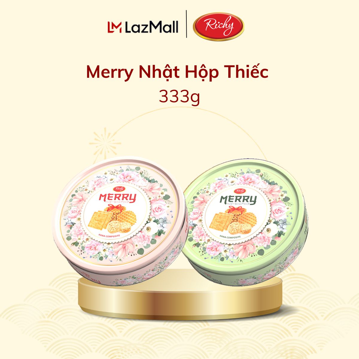   CÓ TÚI GIẤY  Hộp Bánh Tết Merry Hoa Bánh Quy Thập Cẩm Hộp Thiếc 333g - Bánh Kẹo Richy 