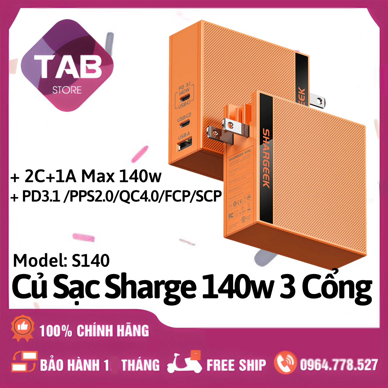 Củ Sạc Sharge/Shargeek 140W 3 Cổng (2C+1 A) PD3.1 /PPS2.0/QC4.0/FCP/SCP - Bảo Hành 1 Tháng (S140)