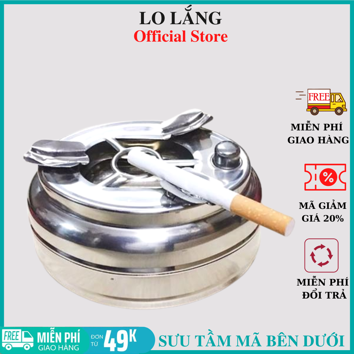 Gạt tàn thuốc nút bấm inox loại lớn cao cấp