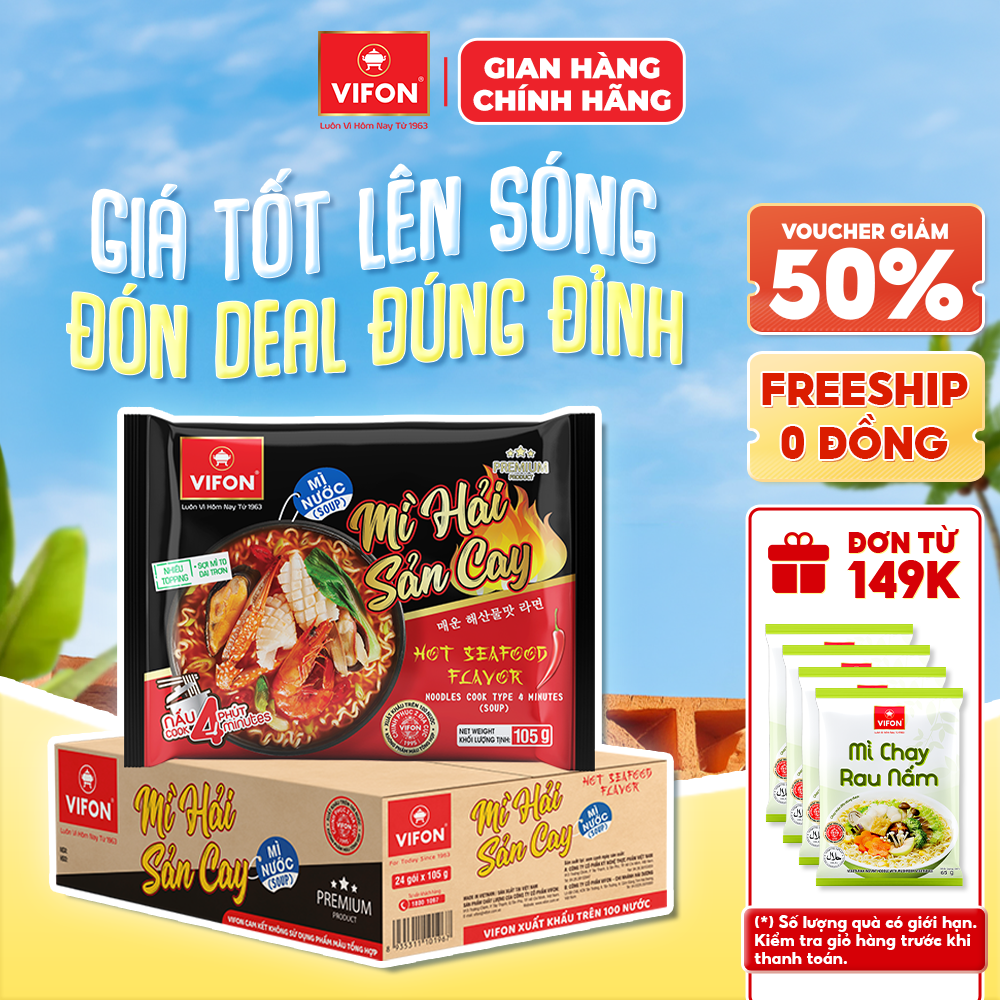 [Voucher 28% đơn từ 400K] Thùng 24 Gói Mì Hải Sản Cay VIFON 105g Sợi Mì Dai Ngon Nước Dùng Cay Đậm Vị
