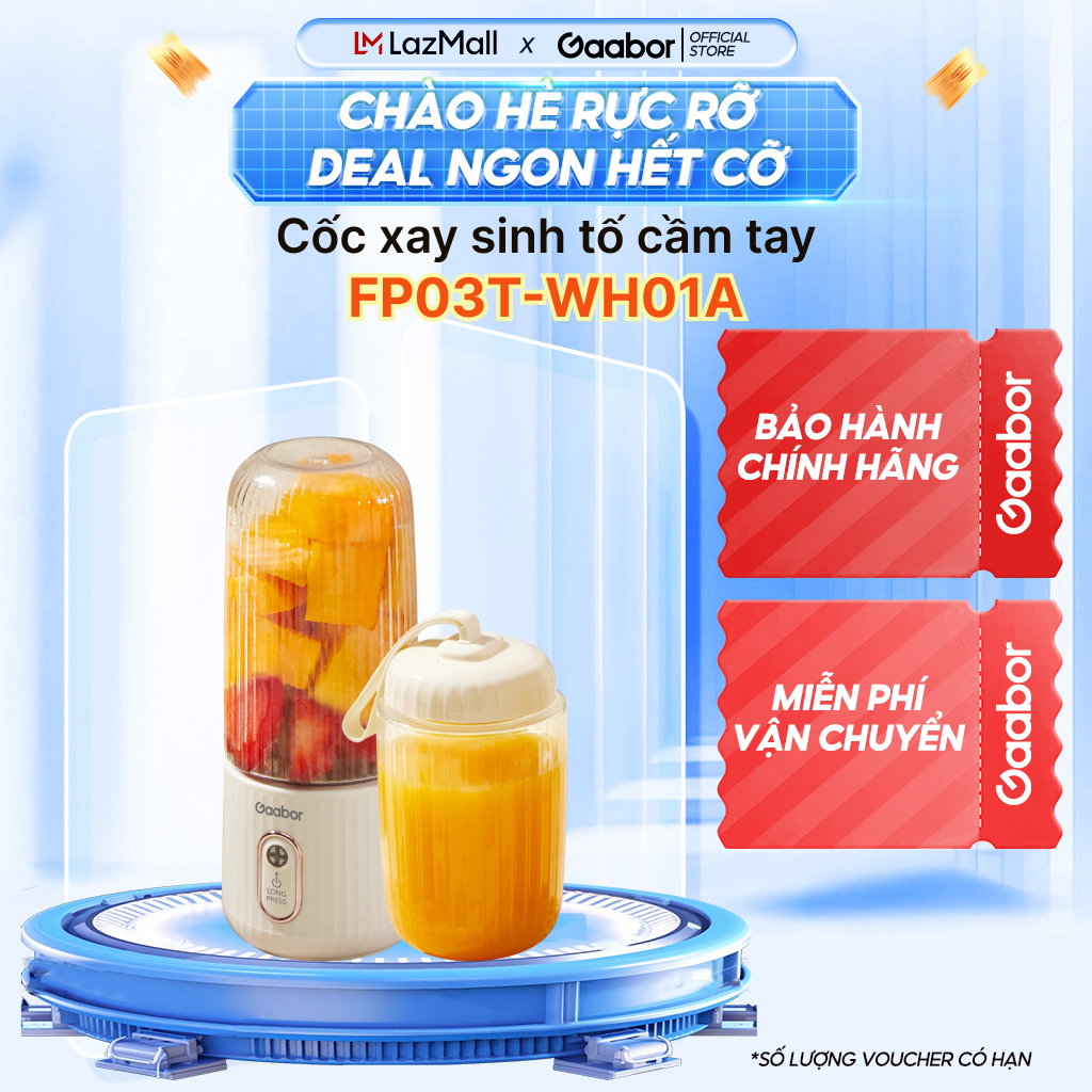 Nâng cấp - Cốc xay sinh tố cầm tay mini Gaabor FP03T-WH01A 350ml công suất 50W ly máy xay nhỏ gọn tiện lợi tích điện cổng sạc USB kèm 2 cốc tiện lợi