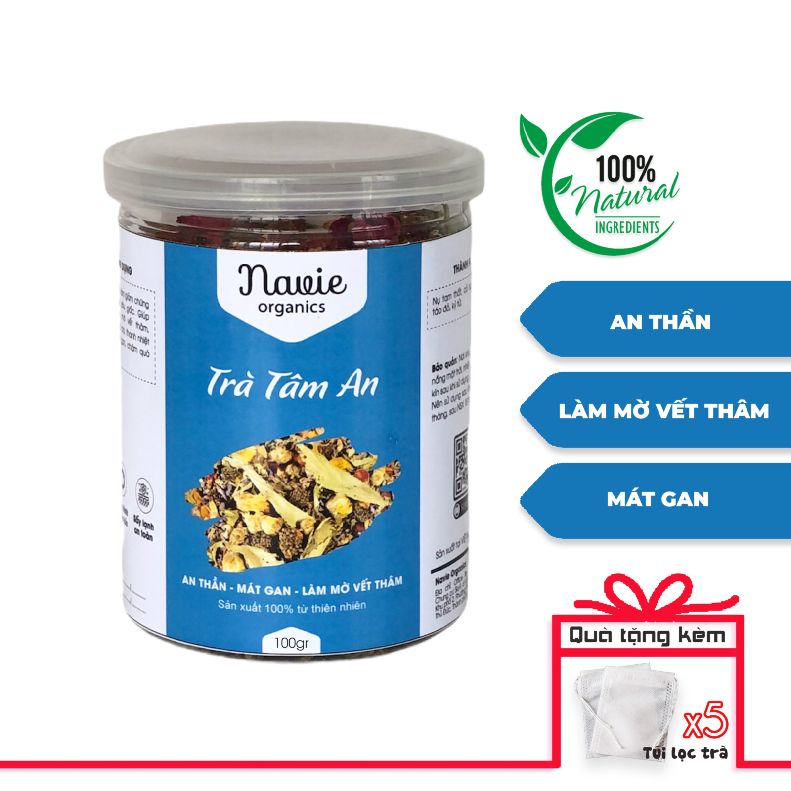 Trà an thần tâm an từ nụ tam thất, cỏ ngọt, nụ hoa hồng, táo đỏ và kỷ tử hũ 100gr