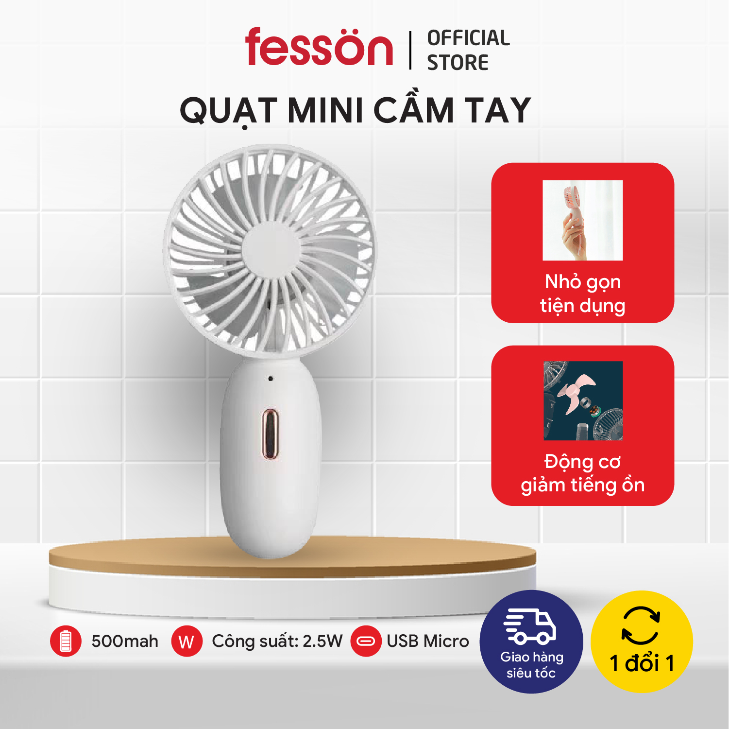 Quạt mini cầm tay cao cấp fesson, Quạt mini tích điện 3 tốc độ siêu mát sạc USB cực nhanh cáp sạc tiện lợi