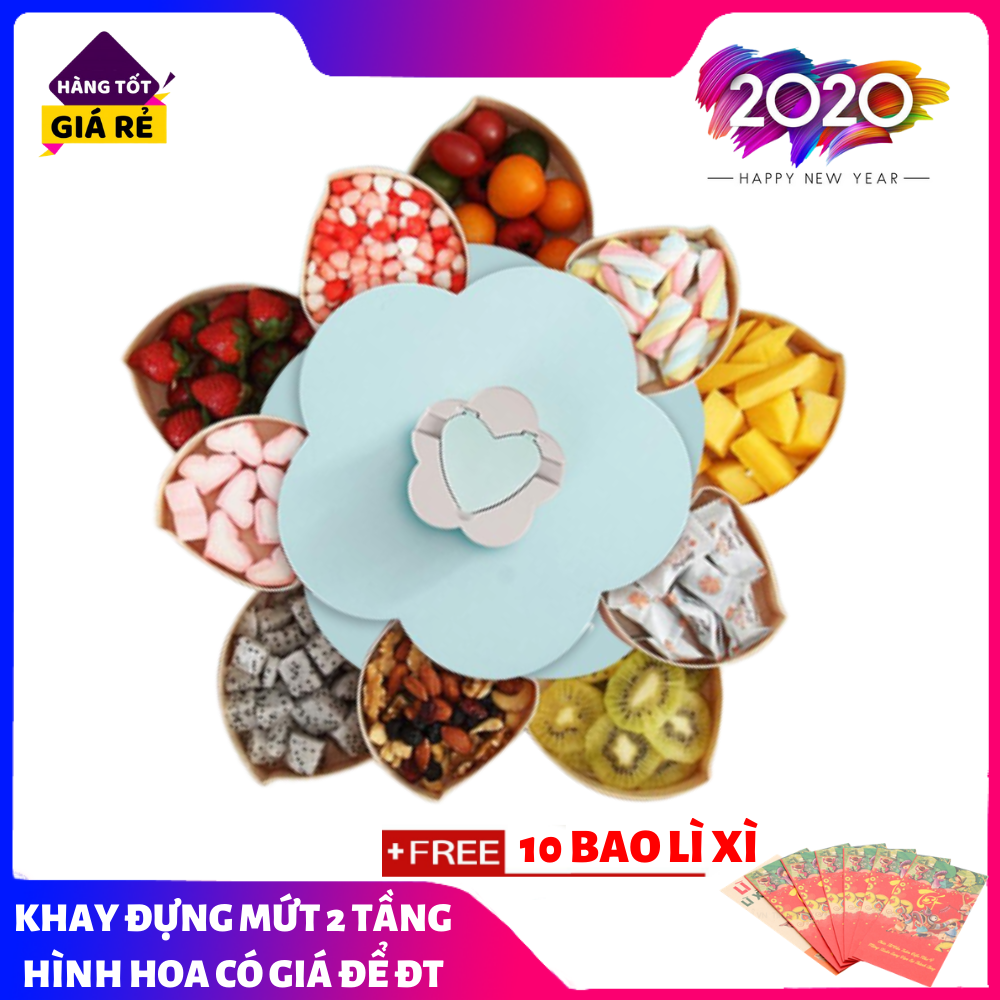 [LOẠI 2 TẦNG ] Khay đựng mứt kẹo CHERRY BLOSSOM tự xoay hình cánh hoa kiểu dáng 2 tầng Thế Hệ Mới Tết 2021,"khay mứt xoay" giá tốt Tháng 1, 2021.(SALE SẬP SÀN)