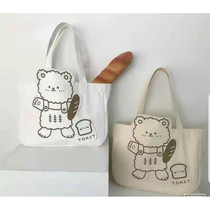 [HCM]Túi vải canvas cỡ lớn túi tote đeo vải hình con gấu bánh mì có khóa kéo và túi con