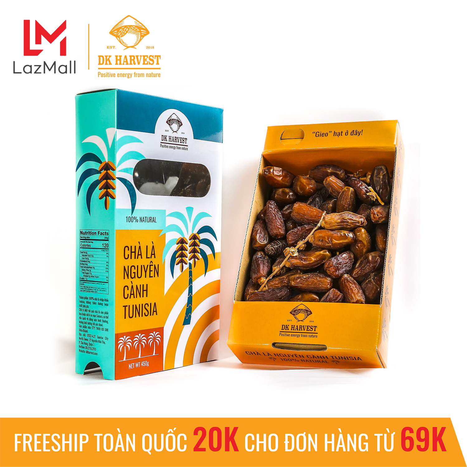 Chà là nguyên cành DK HARVEST nhập khẩu Tunisia - Hộp 450g - chà là chín cây tự nhiên thích hợp làm quà tặng, trái cây sấy cao cấp, ăn vặt, giảm cân