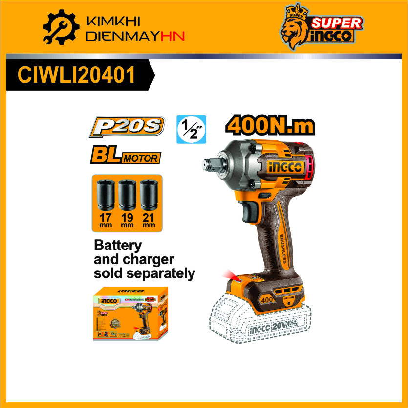 Máy siết bulong pin 20V 400Nm INGCO CIWLI20401 (Chưa bao gồm pin sạc)