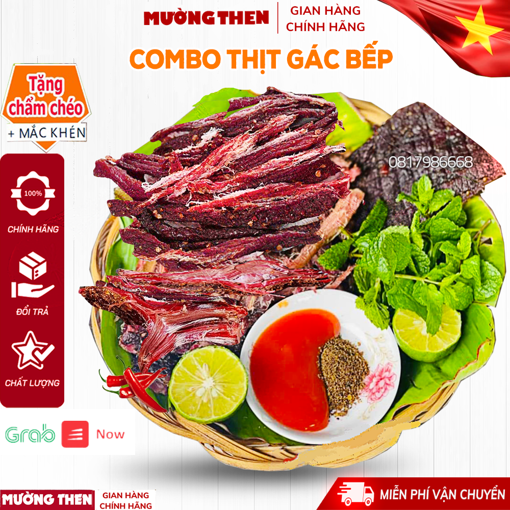 COMBO 200gr Lợn và 200gr Trâu Gác Bếp SAPA (Tặng Chẩm Chéo) Khô Thịt Trâu Sấy Mường Then Ngọt Thơm Chuẩn Vị Núi Rừng Tây  Bắc
