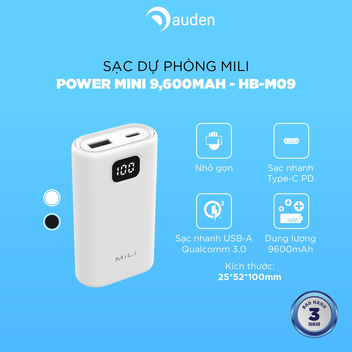 Sạc dự phòng mili power mini 9,600mah/35wh - hb-m09we - hàng chính hãng