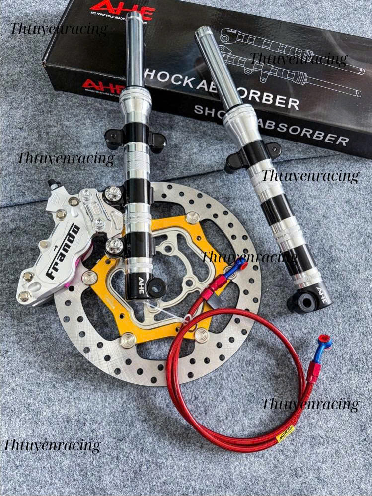  Combo 5 món xe Ex150 155 gồm Phuộc phay hạ 3cm + Heo Frando 4pis Bạc + Pát Cnc + Đĩa gắn mâm 4 lỗ + Dây dầu morin Đỏ 