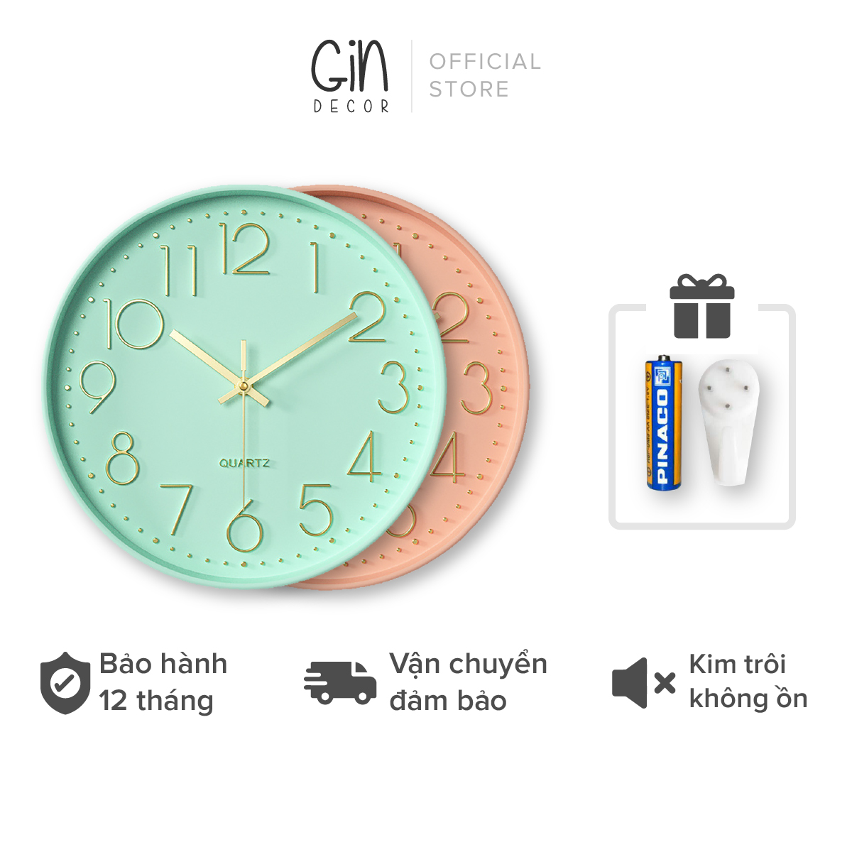 Đồng hồ treo tường Quartz kim trôi màu Hồng và Xanh Tiffany (tặng Pin + Đinh)