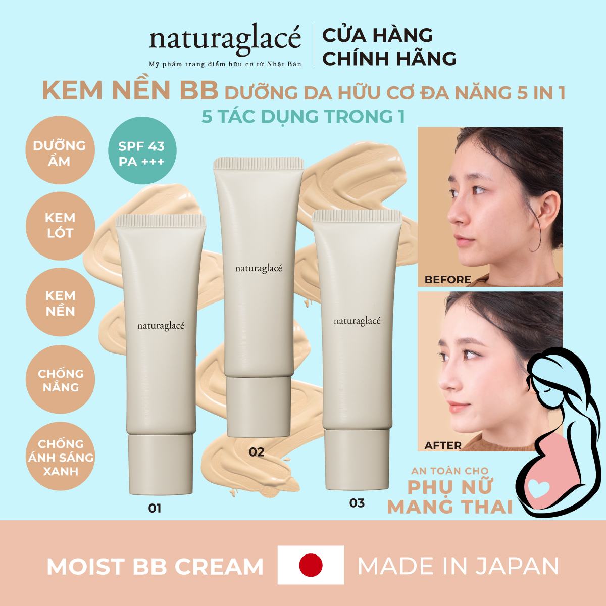Kem nền Moist BB cream naturaglacé kiềm dầu, che phủ vừa phải, chuẩn hữu cơ Nhật Bản, an toàn cho mẹ bầu và da nhạy cảm, 27g